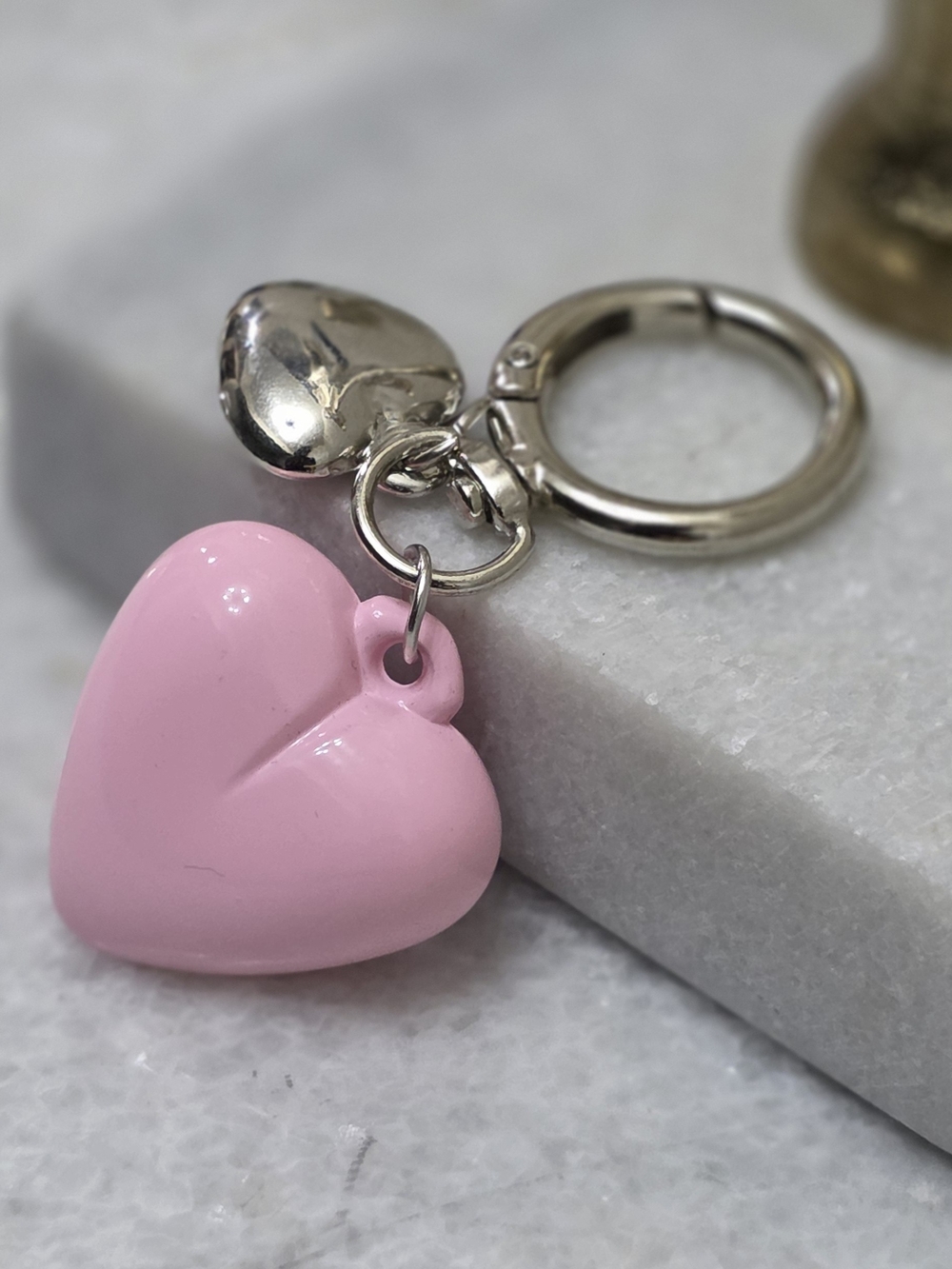 Pink Puffy Heart Bag Charm Keychain Silver Heart Clasp